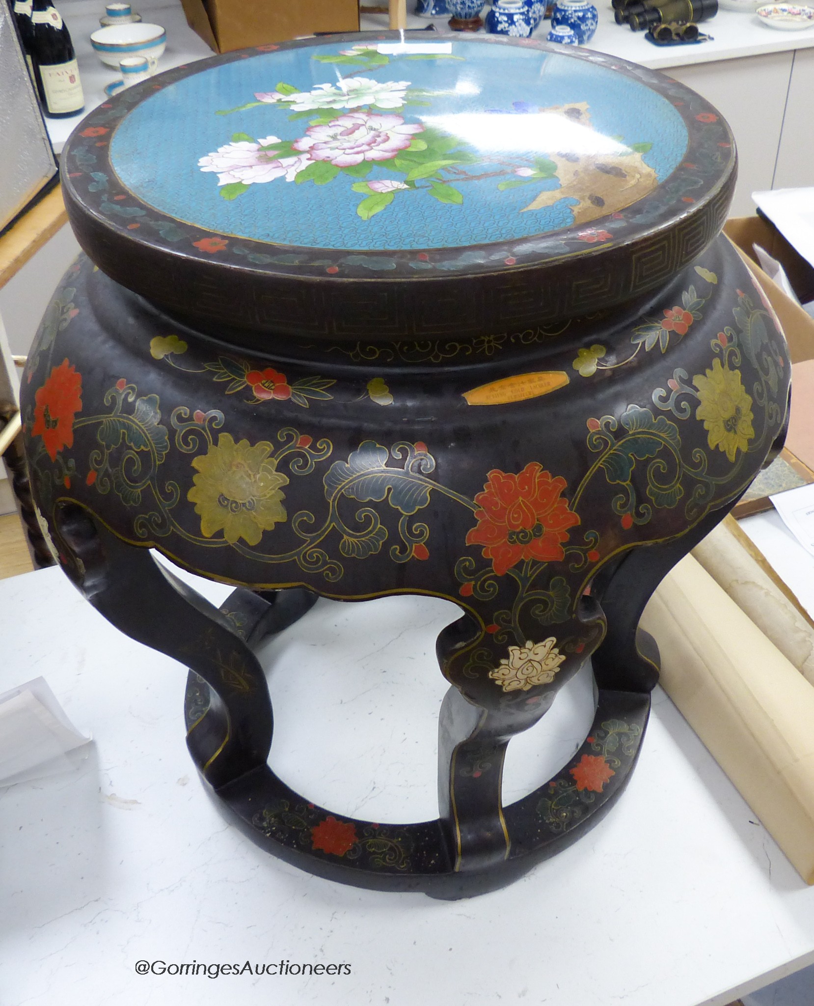 A Chinese lacquer and cloisonne enamel inset stand, height 51cm